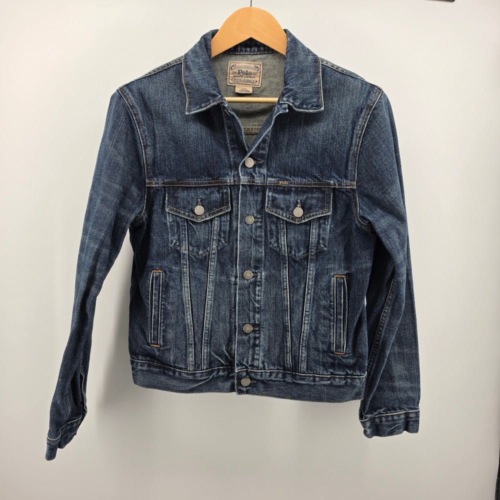 Polo Ralph Lauren Mens Dark Wash Denim Trucker Jacket Blue Size Small